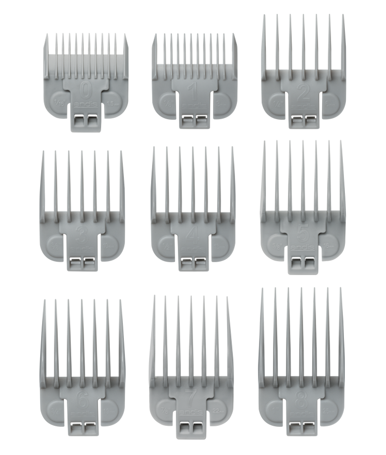 Prídavné hrebene Andis 66350 - Set 9 ks plastové prídavné hrebene na strihacie strojčeky Andis modely: US-1, LCL, AAC-1 súprava obsahuje: 9 hrebeňov s v výškou strihu: 1.5, 3, 6, 10, 13, 16, 22 a 25 m 1