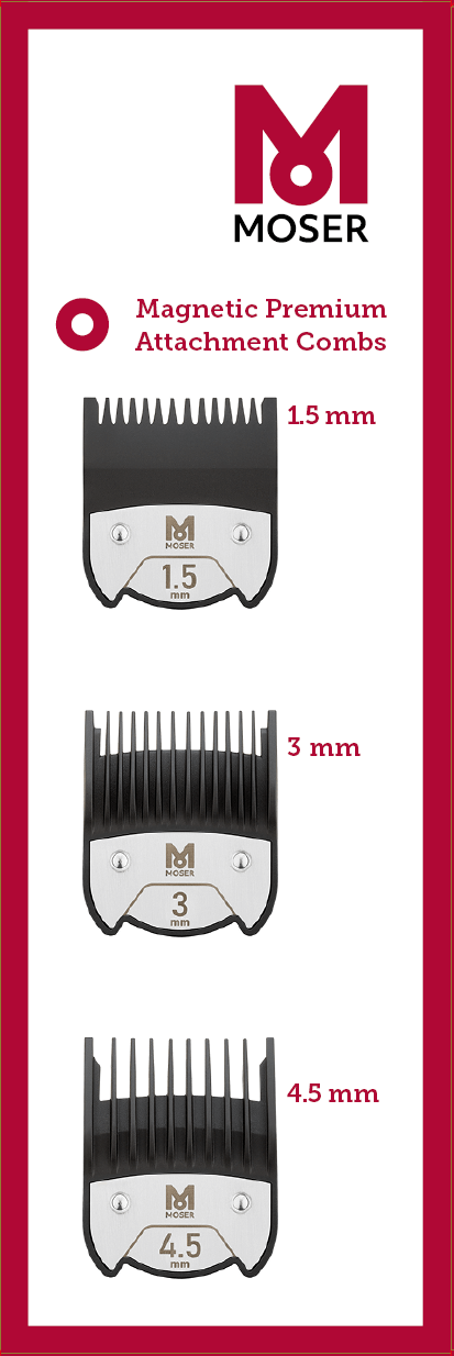 MOSER magnetic premium attachment combs 1.5 mm, 3 mm and 4.5 mm